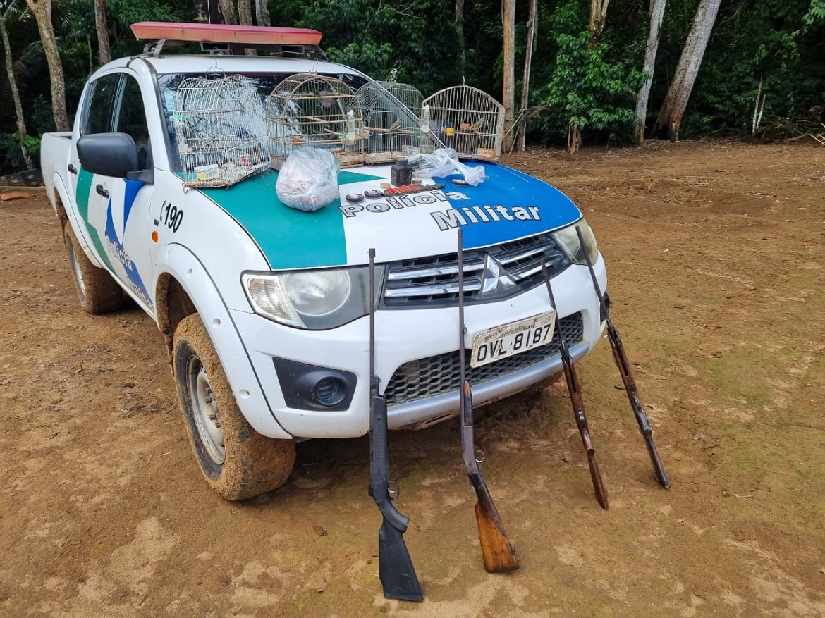  Polícia Militar Ambiental apreende armas de caça e animais ameaçados de extinção, em São José do Calçado