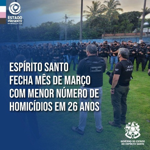  Espírito Santo fecha mês de março com menor número de homicídios em 26 anos